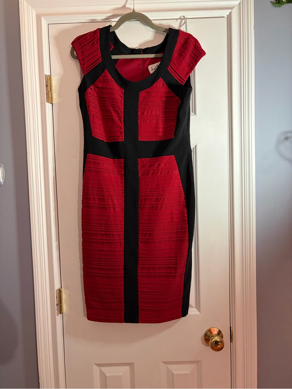 Joseph Ribkoff Red and Black Pleated Panel Sheath Dress